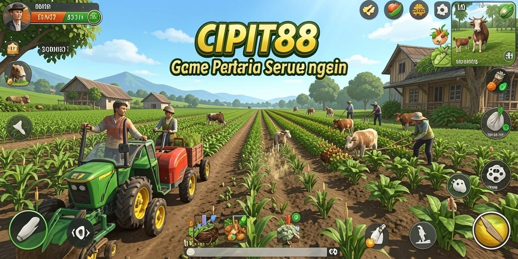 Screenshot gameplay CIPIT88 menampilkan ladang hijau dan hewan ternak.