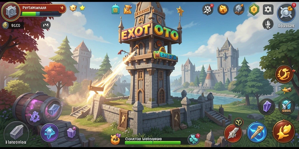 Screenshot gameplay EXOTOTO yang menunjukkan strategi pertahanan menara.