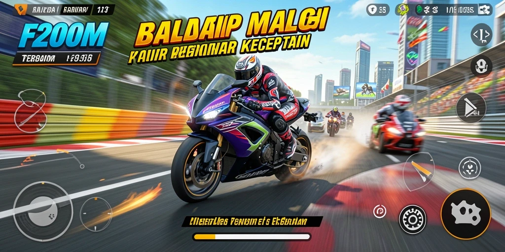 Tangkapan layar gameplay F200M menampilkan aksi balap motor yang seru.