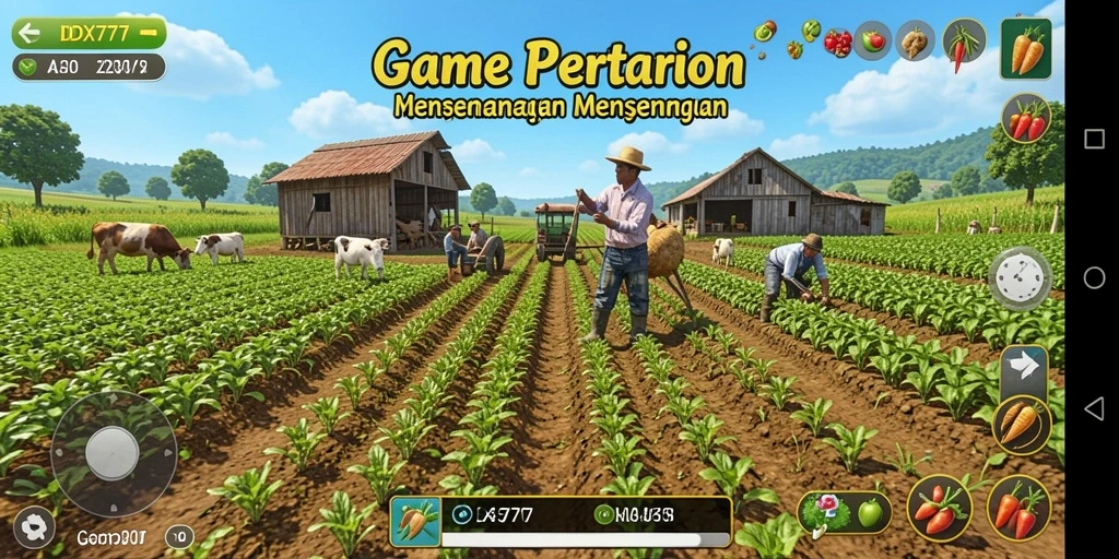 Tampilan gameplay IDX777 dengan kebun hijau dan hewan ternak.