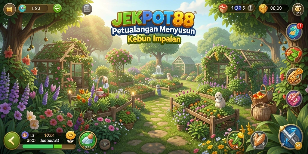 Tampilan gameplay JEKPOT88 dengan kebun yang subur dan aktivitas mengasyikkan.