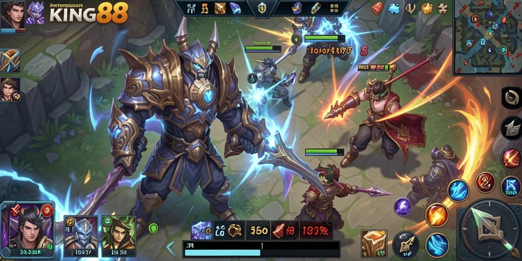 Screenshot KING88 menampilkan aksi pertempuran intens MOBA.