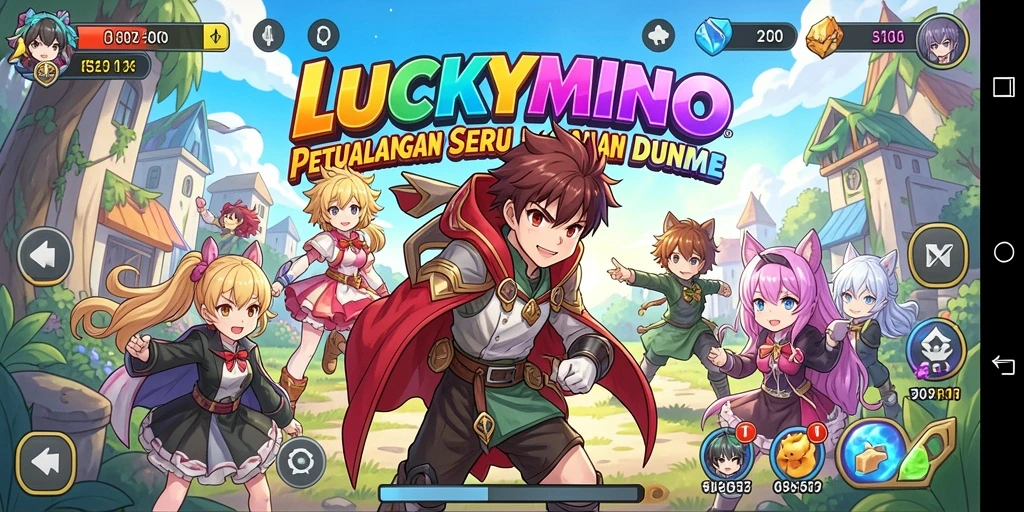 Tangkapan layar utama LUCKYMINO menunjukkan aksi seru dalam dunia anime.