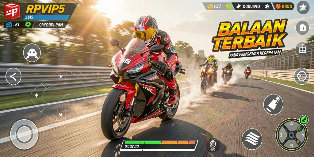 Screenshot gameplay RPVIP5 menampilkan balapan seru dengan motor yang cepat.